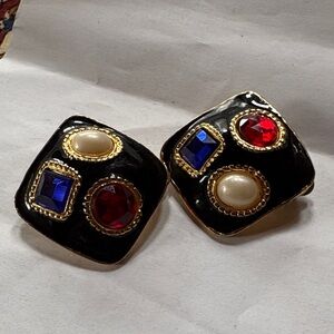 Black and Gold Enamel Earrings with Red and Blue Accents